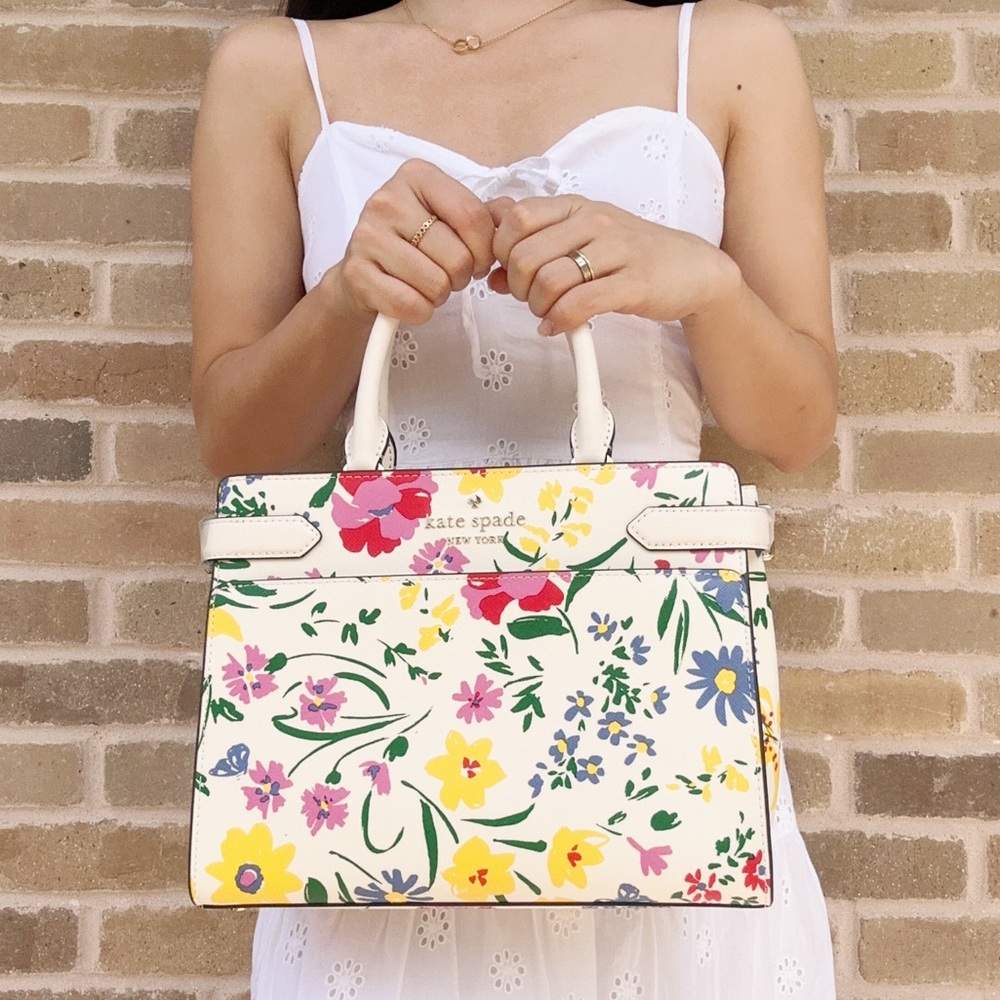 Kate Spade Staci Garden Bouquet Floral Medium Satchel Saffiano Cream Multi